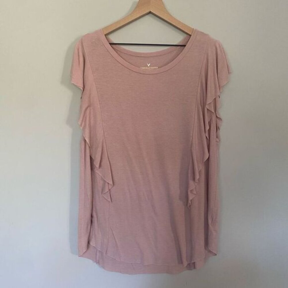 American Eagle Large Light Pink Short Sleeve Shirt Ruffle Top